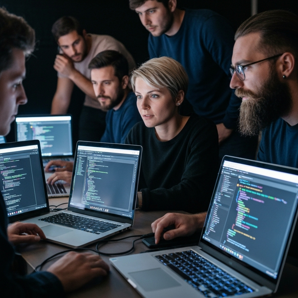 Diverse developers collaborating at hackathon